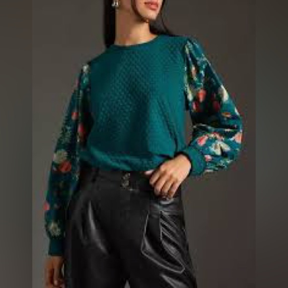 Anthropologie Porridge Floral Sleeve Teal Top